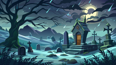 Digital Illustration Of An Old Creepy Graveyard On Stormy Winter Day At Dark Misty Night Background Concept.. AI generated. Vector iconのイラスト素材