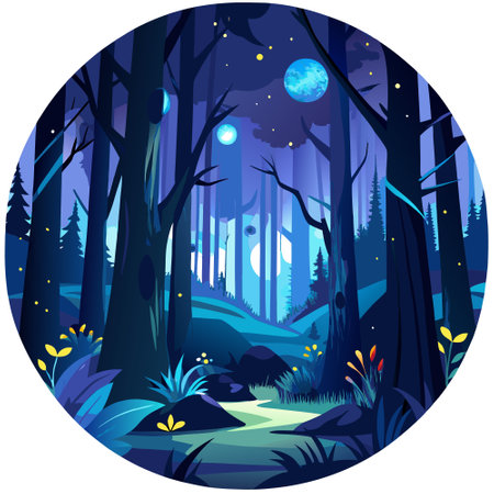 Dark woods halloween background forest at night with blue moonlight shining through the trees and tiny amber fireflies.. AI generated. Vector iconのイラスト素材