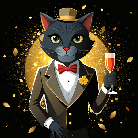 Elegant black cat with a top hat and bow tie holding a glass of champagne on a dark background with gold particles, . AI generated. Vector iconのイラスト素材