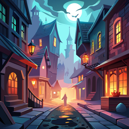Evening Foggy Mystical Street of Autumn Small Town 3D Art Illustration. Spooky Ghost Alley of Oldtown Halloween Horror Movie Scenic Background. AI Neural Network Art Wallpaper. AI generated. Vector iconのイラスト素材