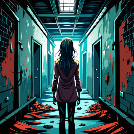 Adult girl stands alone in dark grungy scary corridor or house, back view of young woman in spooky dirty place. Female person like in thriller or horror movie. Concept of terror. AI generated. Vector iconのイラスト素材