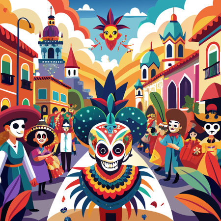 A Carnival of Spirits. Witness the Vibrant Street Festival During Day of the Dead in Oaxaca, Mexico. AI generated. Vector iconのイラスト素材