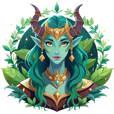 Forest Horned Goddess Magic Fantasy Character Woman Face Portrait Digital Mesmerizing Art Illustration. AI generated. Vector iconのイラスト素材