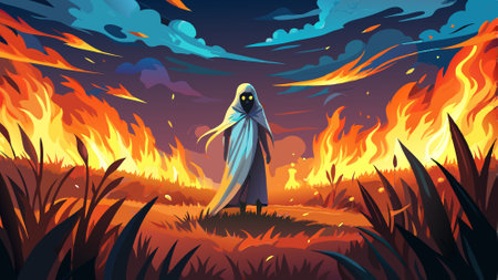Ghost standing in the field of flames, digital art style, illustration painting. AI generated. Vector iconのイラスト素材