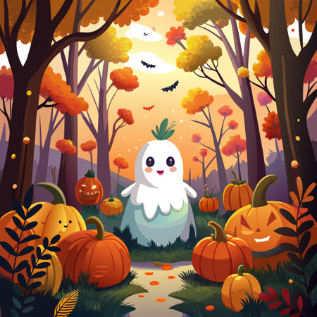 Ghost in a beautiful pumpkin covered fairytale forest with fall foliage, halloween illustration. AI generated. Vector iconのイラスト素材