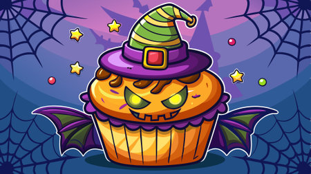 Festive Halloween cupcake with a witch hat and spider. Yummy and creepy treat for a fun and delicious holiday party. Concept. Halloween sweet food and fun celebration.. AI generated. Vector iconのイラスト素材
