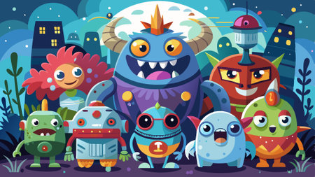 Group of cute monster in a raw. created by technology.. AI generated. Vector icon