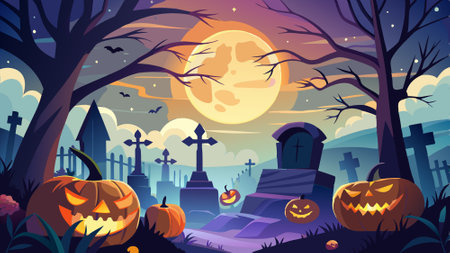 Graveyard silhouette with spooky pumpkins and moonlight, halloween Abstract Background. AI generated. Vector iconのイラスト素材