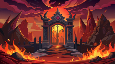 Gate to hell, the passage to the realm of the dead. Everything is on fire, hellfire, . AI generated. Vector iconのイラスト素材