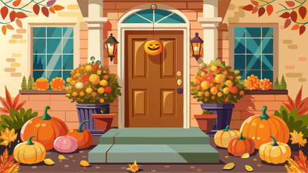 Front door entrance decorating with pumpkins and flowers. Autumn, fall concept. ..AI generated. Vector iconのイラスト素材