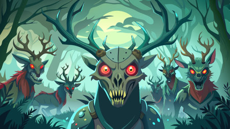Group of deer head evil creepy creature at haunted foggy forest background. technology.. AI...