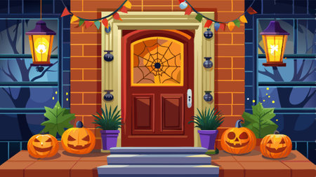 Front Door with Halloween Decorations and Pumpkins. . AI generated. Vector iconのイラスト素材