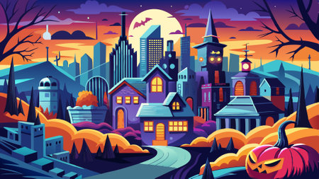 Halloween 2023. City panorama in halloween style. Scary halloween isolated background. Halloween on blue and black background. illustration style.. AI generated. Vector iconのイラスト素材
