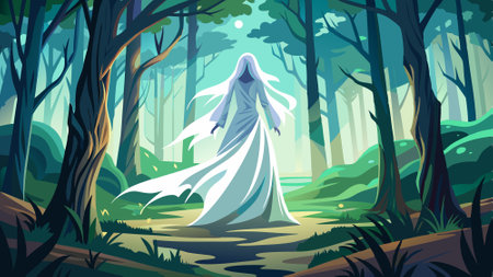Ghostly silhouette of a faceless female ghost entity, paranormal haunting woodlands apparition wearing a white translucent robe, spirit of the forest, motion blurred - . AI generated. Vector iconのイラスト素材