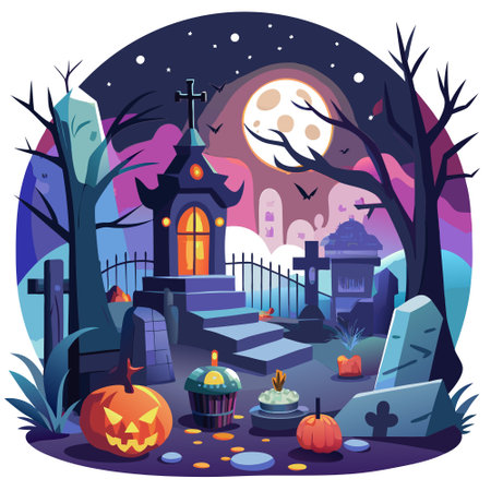 Ghoulishly illuminated graveyard scene for an outdoor Halloween terror spectacle. AI generated. Vector iconのイラスト素材
