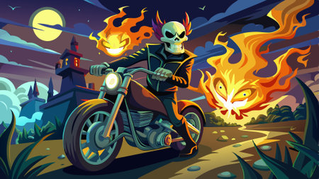 Fire skeleton rider on motorcycle, scary ghost biker riding at night, . AI generated. Vector iconのイラスト素材