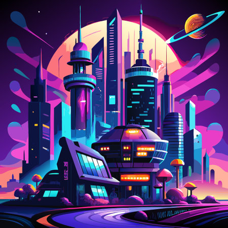 Futuristic cyberpunk city at night in Halloween, neon lights, digital illustration. . AI generated. Vector iconのイラスト素材