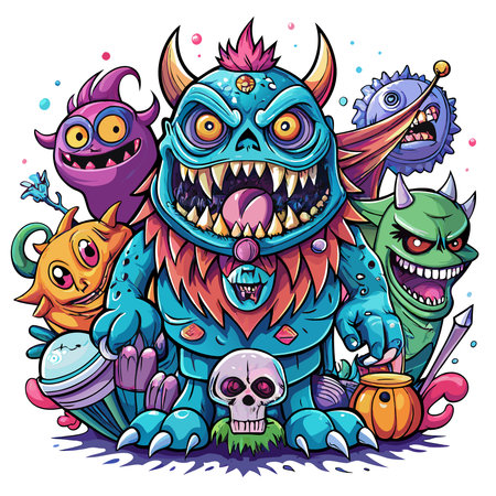 Full of monsters, doodling, drawn by heavy marker. AI generated. Vector icon