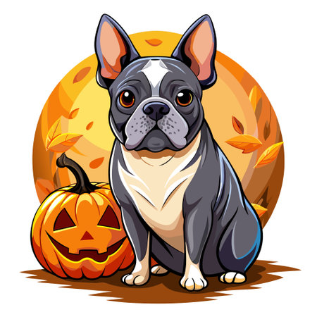 French bulldog sitting with a Jack o lantern pumpkin on an orange background for Halloween created with AI tools. AI generated. Vector iconのイラスト素材