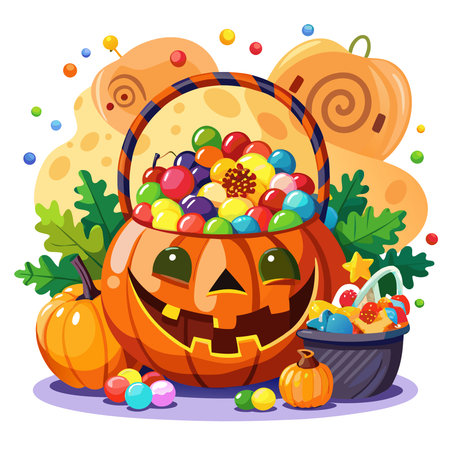 Halloween concept background. Halloween jack o lantern pumpkin basket with full of candies on white background. Trick or treat concept. Copy space for text.. AI generated. Vector iconのイラスト素材