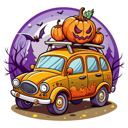 Halloween car. . Pumpkin car. Scary road trip. Image for decoration, advert, poster, shop sign.. AI generated. Vector iconのイラスト素材