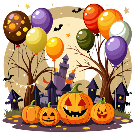 Halloween background with pumpkins and balloons. AI generated. Vector iconのイラスト素材