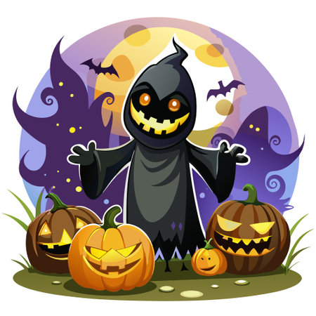 Halloween black scary ghost monster. Jack O lanterns Pumpkin scary face. AI generated. Vector iconのイラスト素材