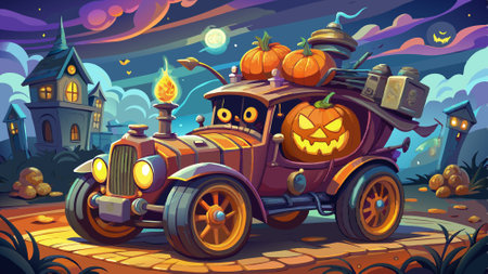 Halloween car. . car designed in steampunk style of pumpkin. Scary road trip. Image for decoration, advert, poster, shop sign.. AI generated. Vector iconのイラスト素材