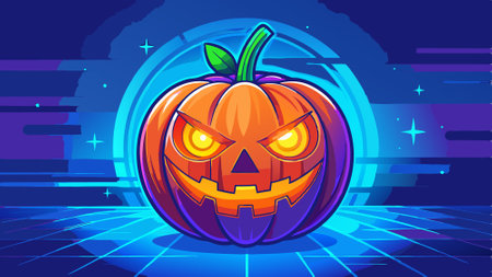 Halloween pumpkin on blue neon background with copy space. Happy Halloween holiday decorations. . AI generated. Vector iconのイラスト素材