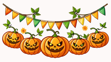 Halloween festive garland of pumpkins isolated on a white background. Getting ready for a Halloween party. Celebrate a fun Halloween in the fall.. AI generated. Vector iconのイラスト素材