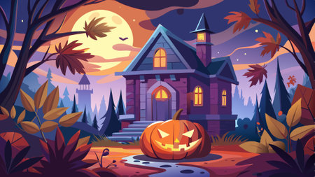 Halloween scary pumpkin, candles and dry leaves on the background of the evening house. halloween background. . AI generated. Vector iconのイラスト素材