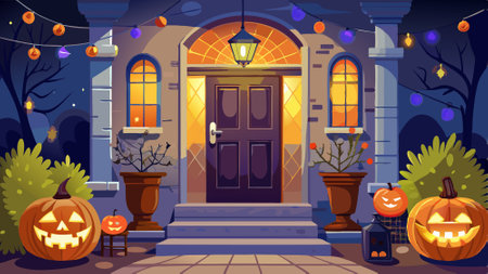 Halloween pumpkins and decorations outside a house, night view of a house entry door with Halloween decoration. AI generated. Vector iconのイラスト素材