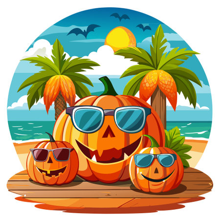 Halloween pumpkins with sunglasses on wooden table on tropical beach background. AI generated. Vector iconのイラスト素材