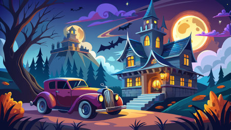 Halloween scene haunted mansion and hot rod under full moon - . AI generated. Vector iconのイラスト素材