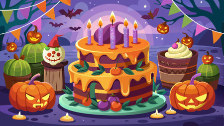 Halloween scary pumpkin cake and halloween candles. halloween background. . AI generated. Vector iconのイラスト素材