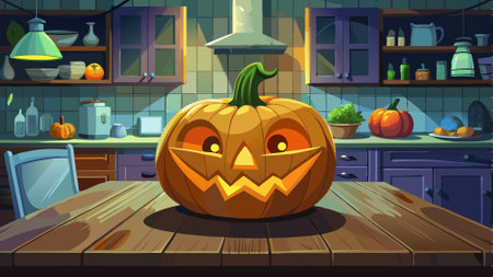 Halloween pumpkin on wooden table with blurry kitchen background. AI generated. Vector iconのイラスト素材