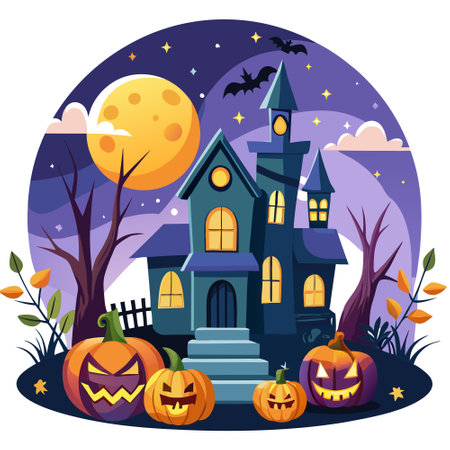 Halloween background with haunted house and pumpkins and moon. Vector illustration style. created by technology.. AI generated. Vector iconのイラスト素材
