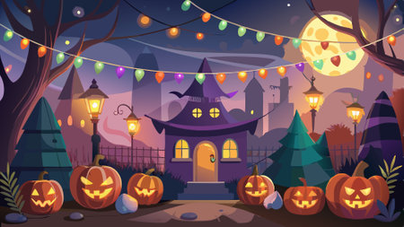 Halloween decorations with light and bokeh background. Halloween theme. . . AI generated. Vector iconのイラスト素材