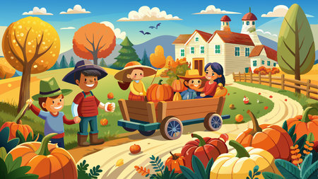 Hayride through a pumpkin patch with family. AI generated. Vector iconのイラスト素材