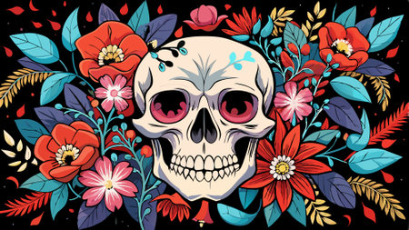 Human skull and flowers on a black background, . AI generated. Vector iconのイラスト素材