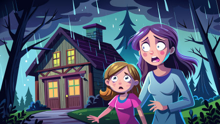 Horrified woman, scared girl stands near house in rain at night, fear theme. AI generated. Vector iconのイラスト素材