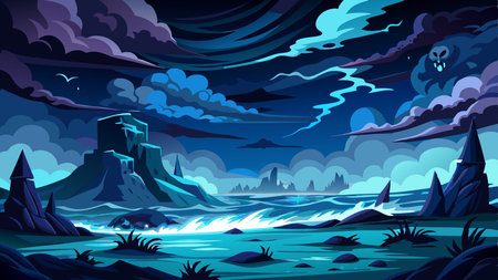 Horror black blue sky sea haunted cloud scary ocean. AI generated. Vector iconのイラスト素材