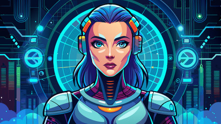 Illustration of a cyborg woman and Ai technology background with customizable space for text.. AI...