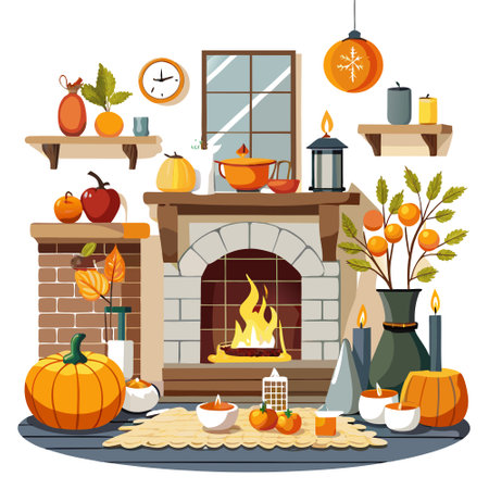 Interior of a white room with a fireplace, candles and decorative pumpkins. Autumn home decor concept. A.I. AI generated. Vector iconのイラスト素材