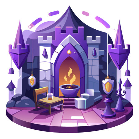 Interior of a medieval castle, game scene, shades of purple, fantasy concept. . AI generated. Vector iconのイラスト素材