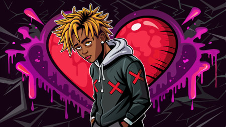 Juice wrld stepping out of a black broken heart white hd wallpaper. AI generated. Vector iconのイラスト素材
