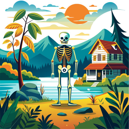 Image of skeleton standing in front of lake with house in the background. ..AI generated. Vector iconのイラスト素材
