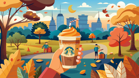 Hand holding pumpkin cream cold brew latte in the park autumn fall starbucks drink. AI generated. Vector iconのイラスト素材