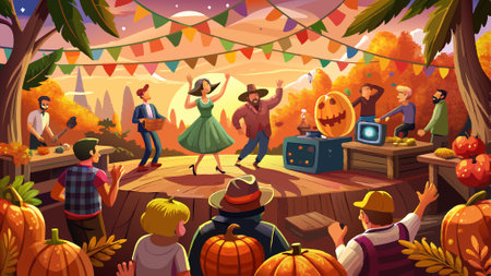 Hosting a harvest-themed dance party, October 30th, music and dancing under fall lights, 4K hyperrealistic photo.. AI generated. Vector iconのイラスト素材