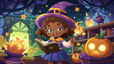 Little African American witch makes spell using magic book. Halloween concept. AI generated. Vector iconのイラスト素材